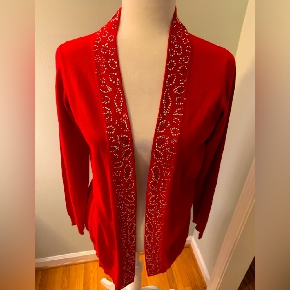 Quacker Factory red cardigan w/beading, size XXS